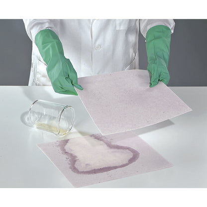 HazMat absorbent sheeting mat for chemicals, neutralises acids, heavyweight version, in dispenser box, WxL 280 x 300 mm, pack of 25.