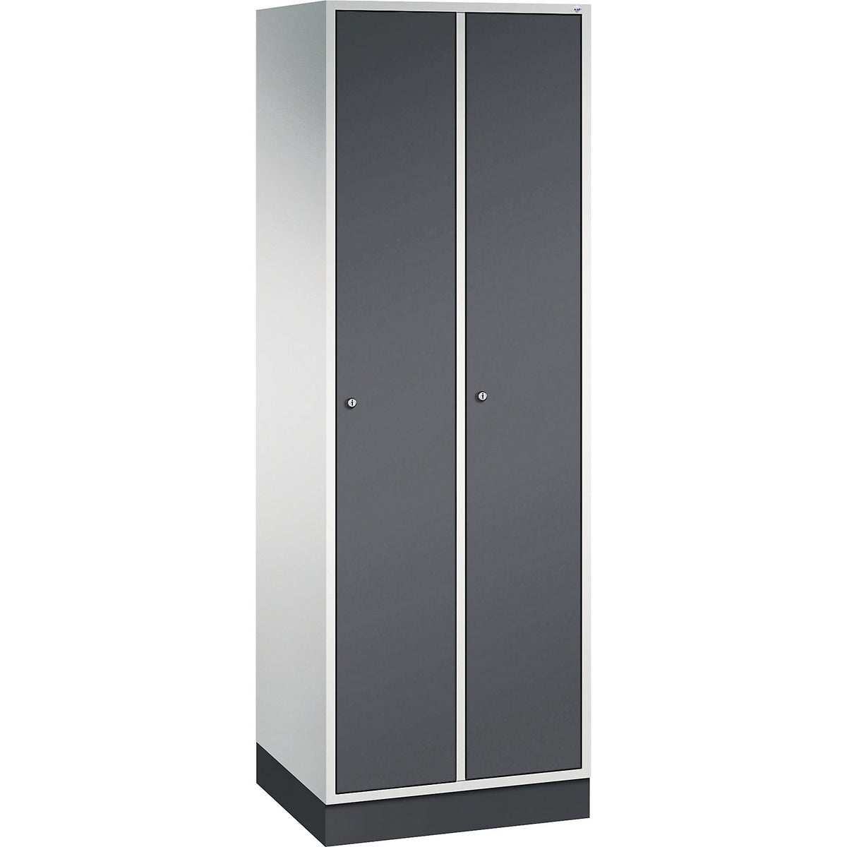 Intro clothes locker, width 620 mm, 2 compartments, light grey body, black grey doors.