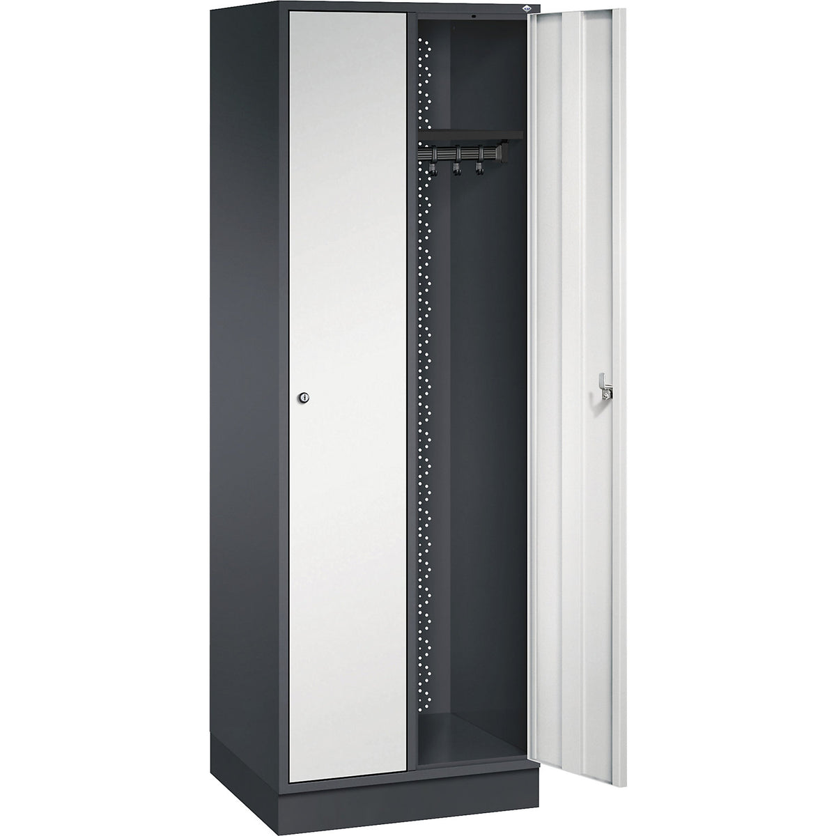 Intro clothes locker, width 620 mm, 2 compartments, black grey body, light grey doors.