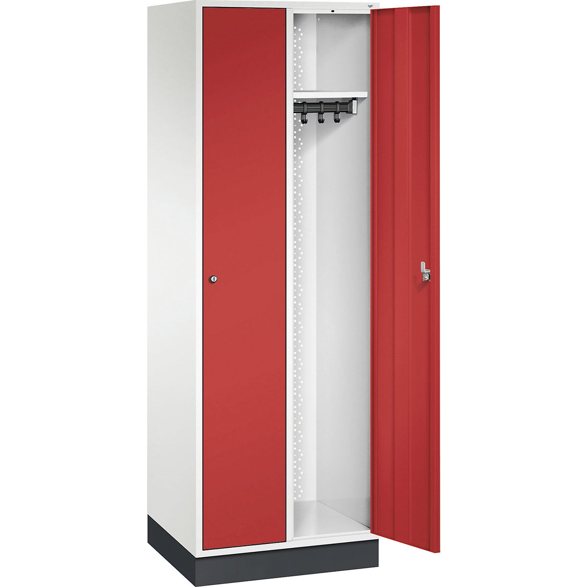 Intro clothes locker, width 620 mm, 2 compartments, pure white body, flame red doors.