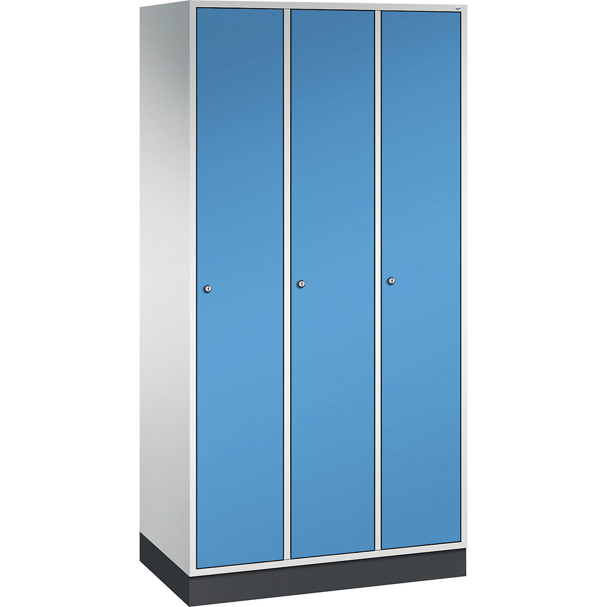 Intro clothes locker, width 920 mm, 3 compartments, light grey body, light blue doors.
