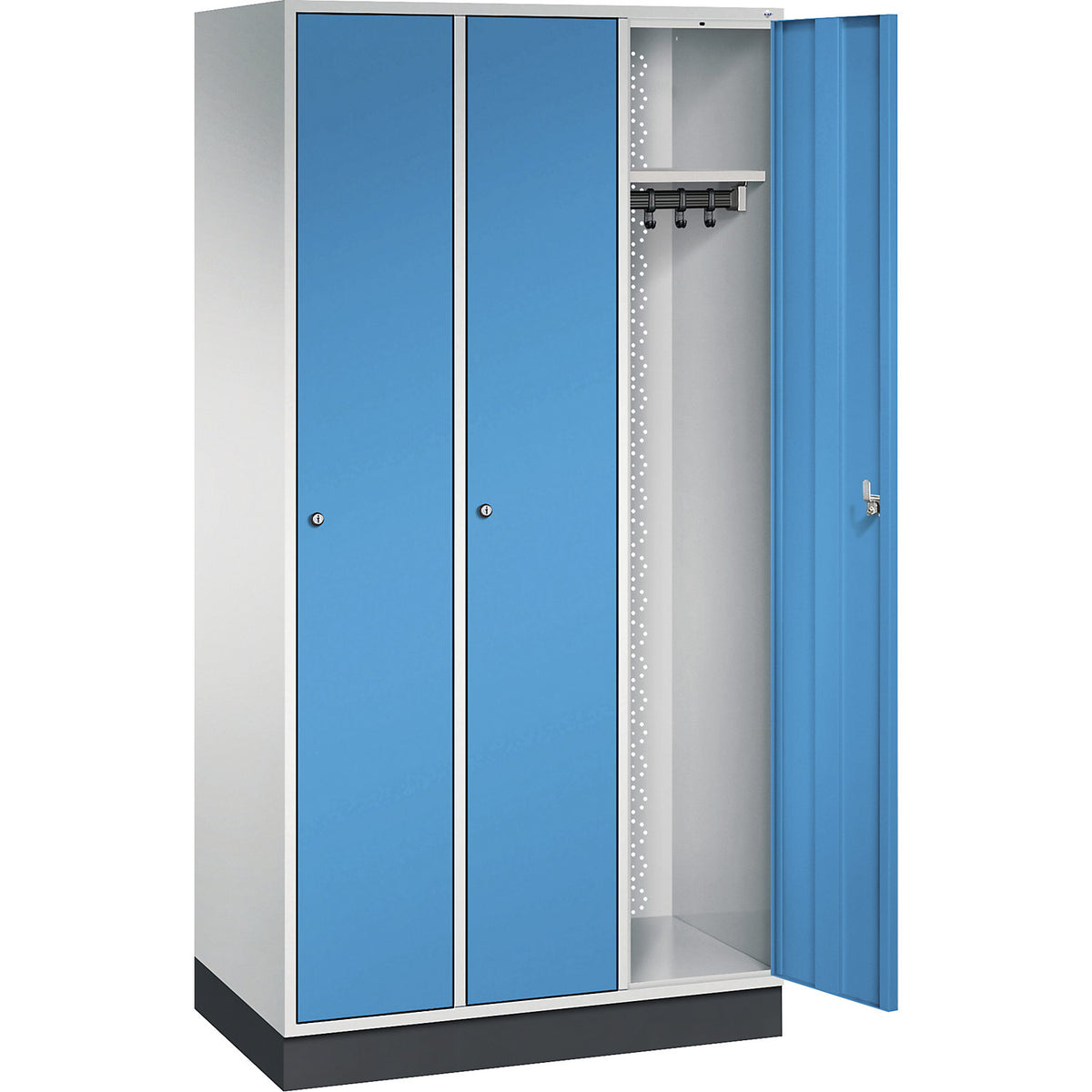 Intro clothes locker, width 920 mm, 3 compartments, light grey body, light blue doors.