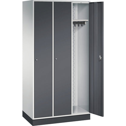 Intro clothes locker, width 920 mm, 3 compartments, light grey body, black grey doors.