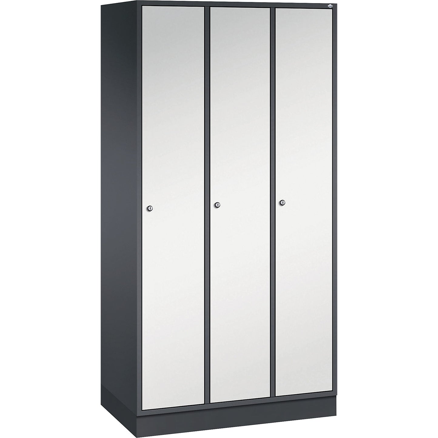 Intro clothes locker, width 920 mm, 3 compartments, black grey body, light grey doors.