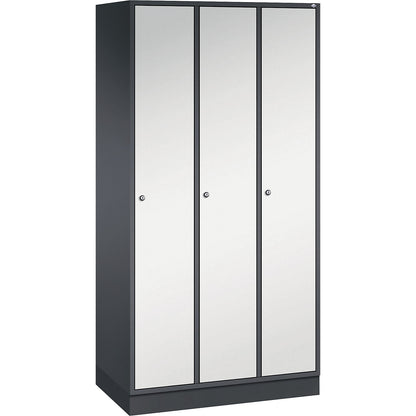Intro clothes locker, width 920 mm, 3 compartments, black grey body, light grey doors.