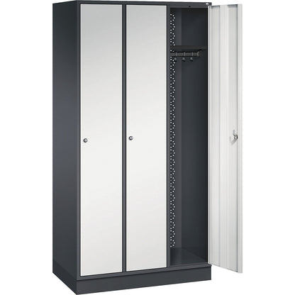 Intro clothes locker, width 920 mm, 3 compartments, black grey body, light grey doors.