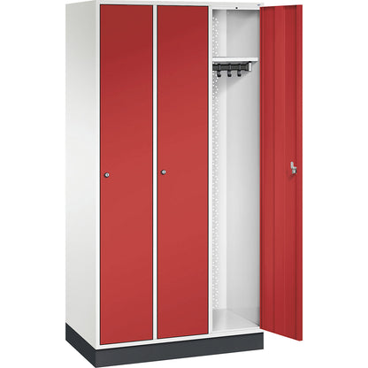 Intro clothes locker, width 920 mm, 3 compartments, pure white body, flame red doors.