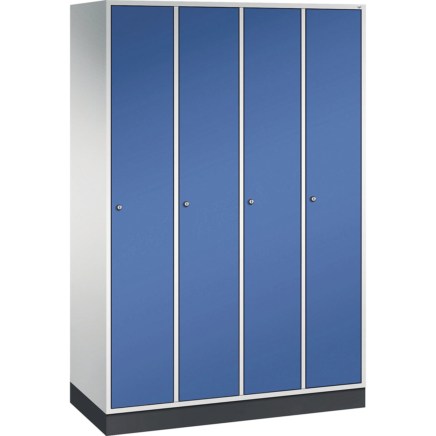Intro clothes locker, width 1220 mm, 4 compartments, light grey body, gentian blue doors.