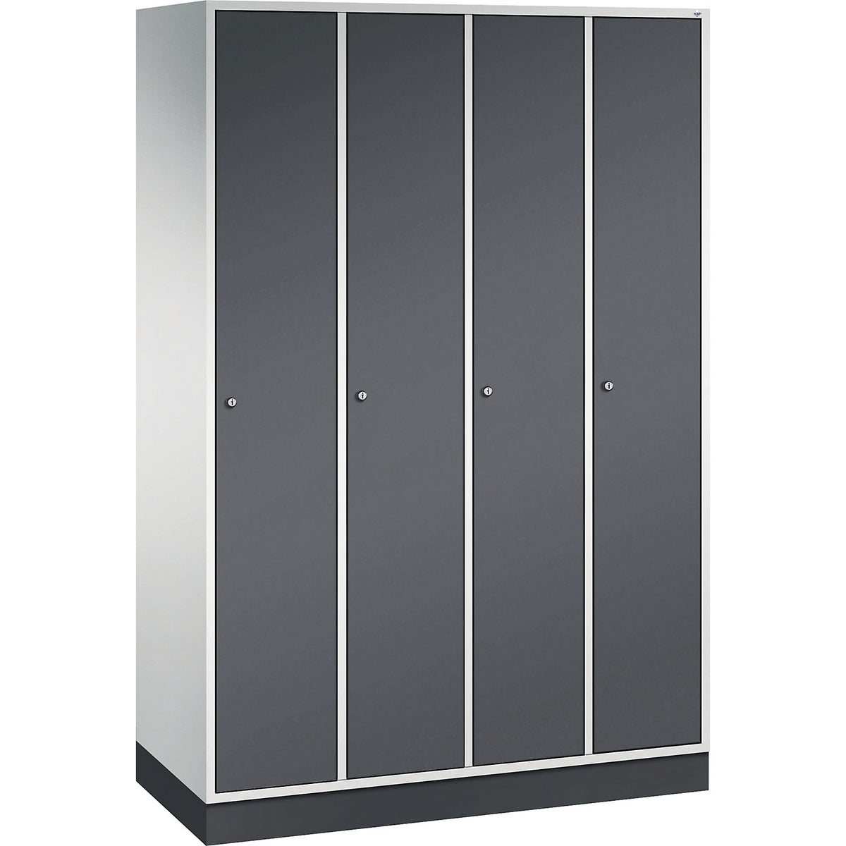 Intro clothes locker, width 1220 mm, 4 compartments, light grey body, black grey doors.