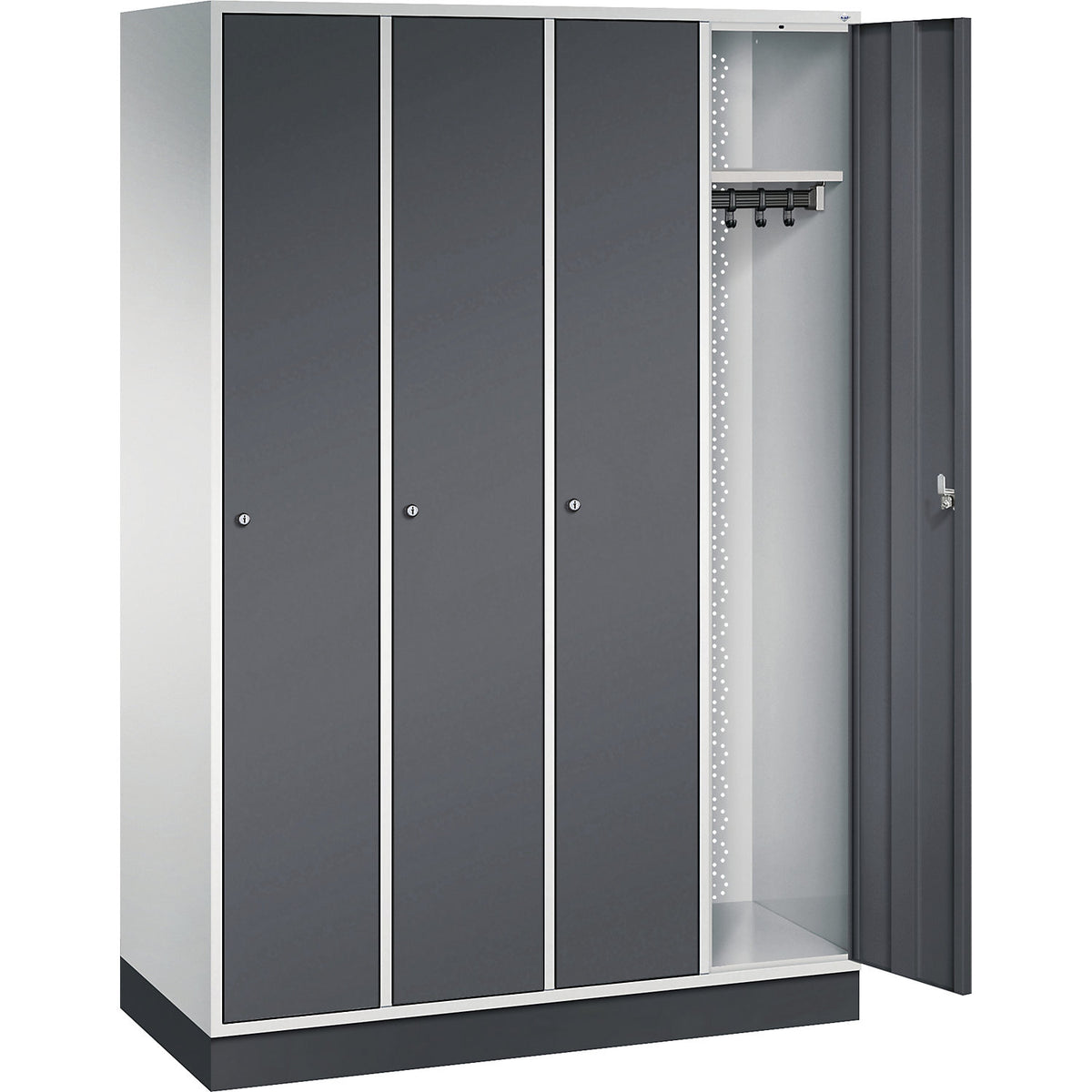 Intro clothes locker, width 1220 mm, 4 compartments, light grey body, black grey doors.