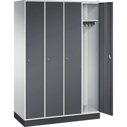 Intro clothes locker, width 1220 mm, 4 compartments, light grey body, black grey doors.
