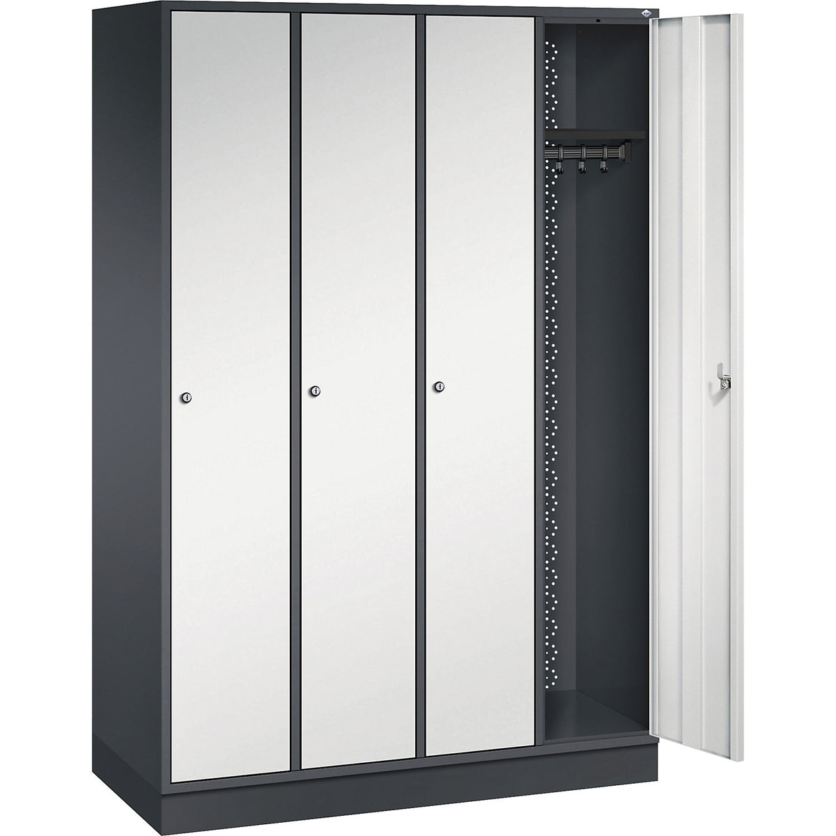 Intro clothes locker, width 1220 mm, 4 compartments, black grey body, light grey doors.