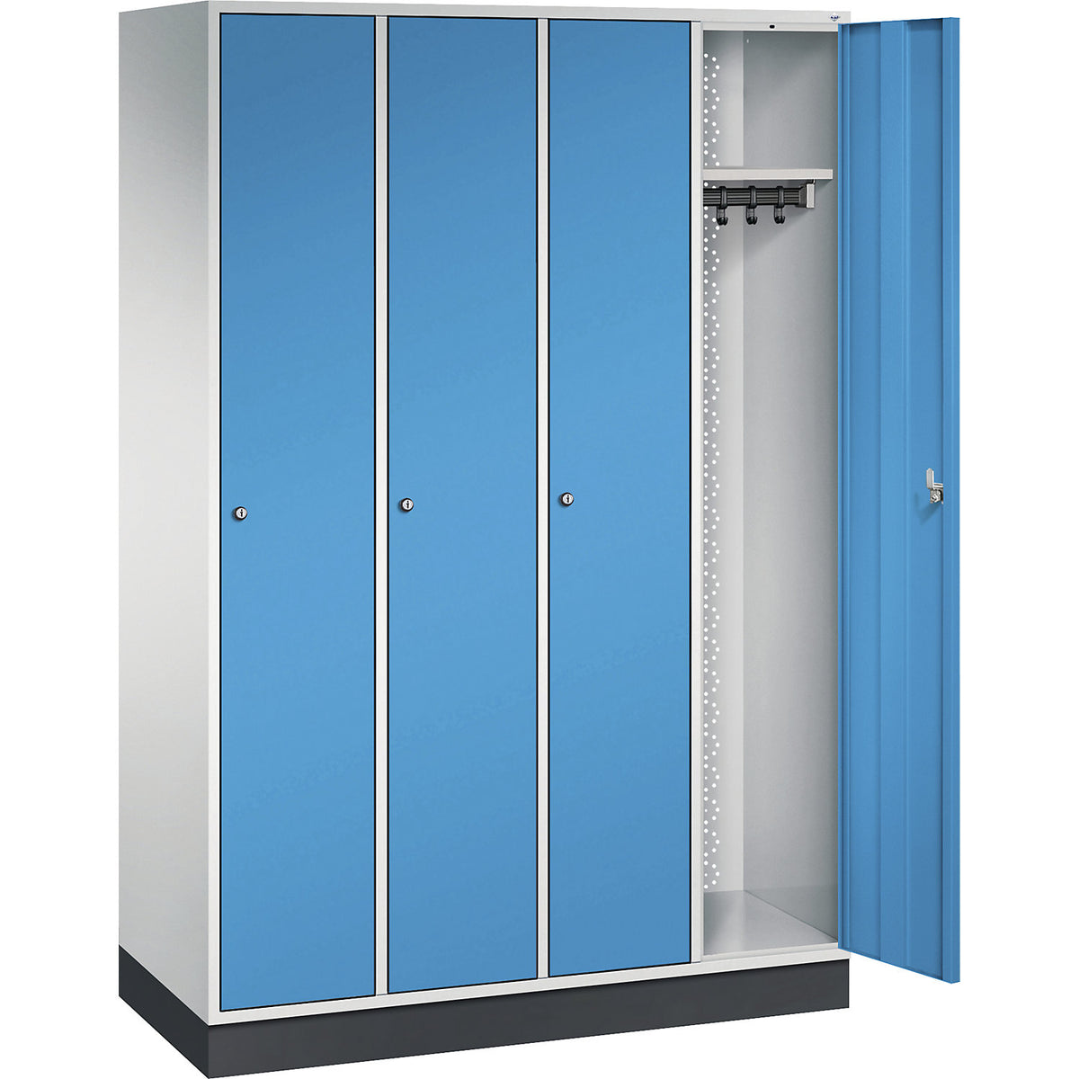 Intro clothes locker, width 1220 mm, 4 compartments, light grey body, light blue doors.