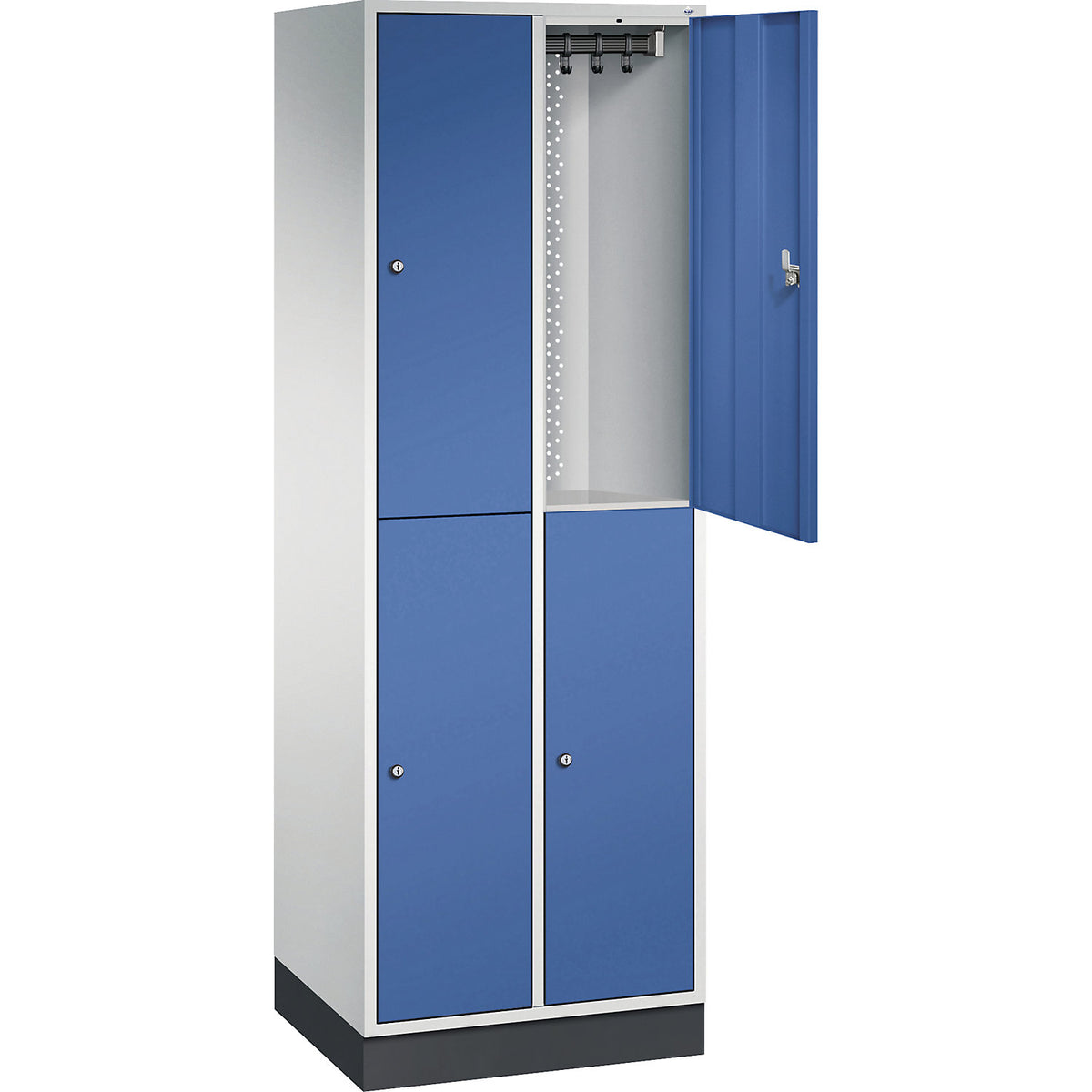 Intro double deck clothes lockers, 2 compartments, light grey / gentian blue, WxD 620 x 500 mm.