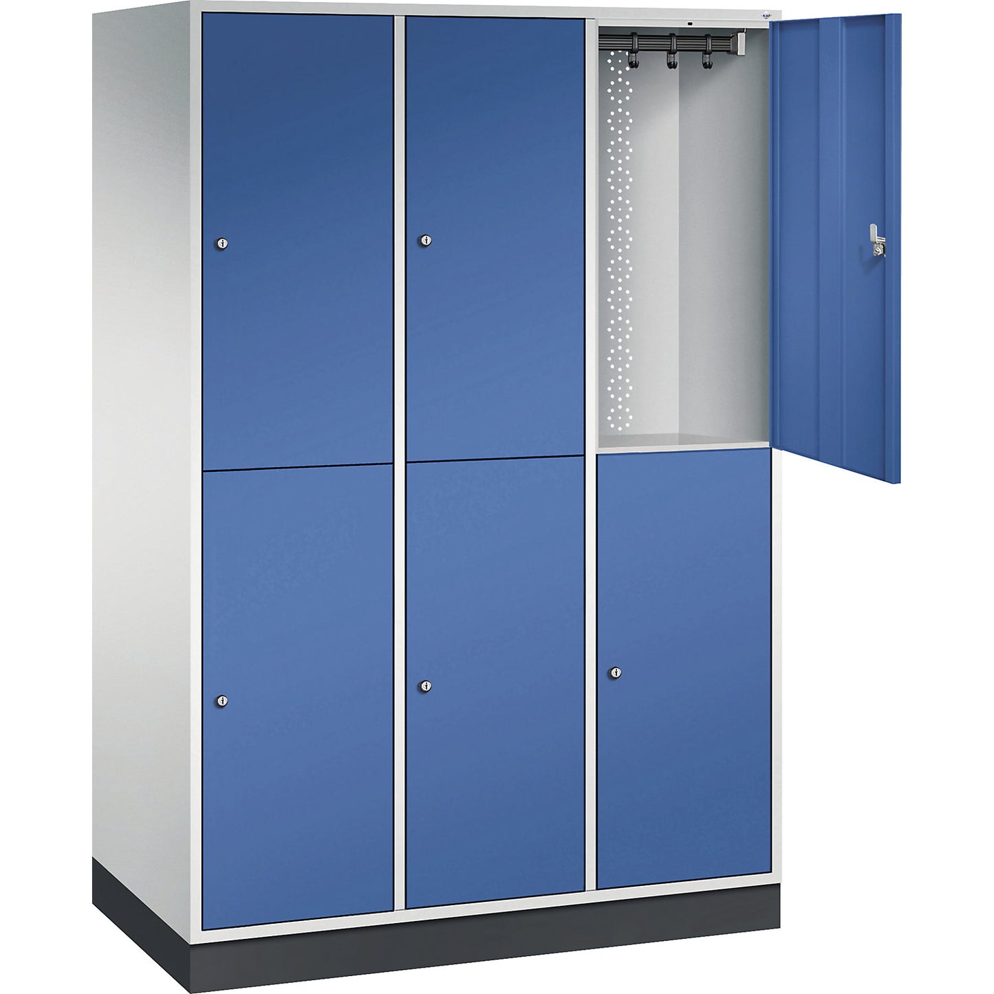 Intro double deck clothes lockers, 3 compartments, light grey / gentian blue, WxD 1220 x 600 mm.