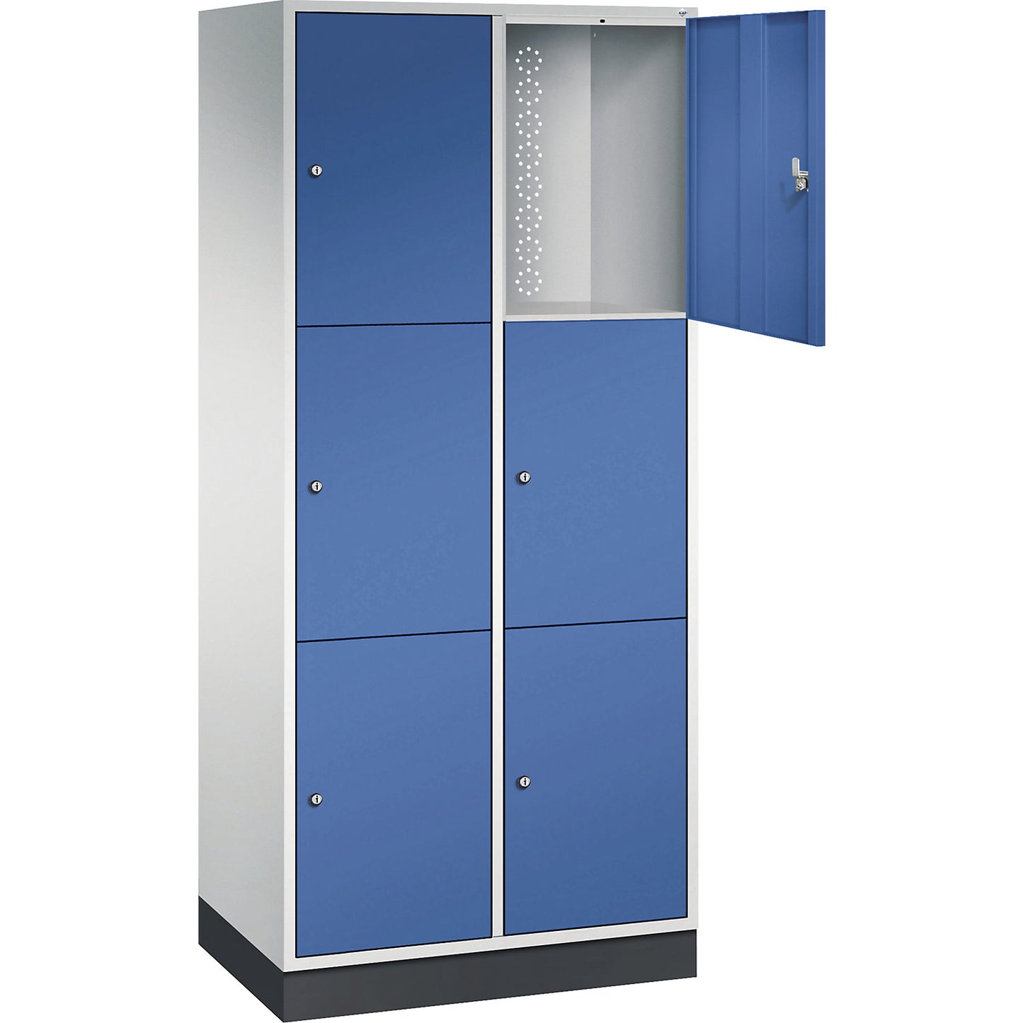 Intro 3-fold compartment locker, 2 compartments, light grey / gentian blue, WxD 820 x 500 mm.