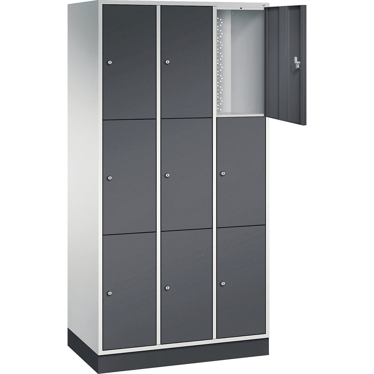 Intro 3-fold compartment locker, 3 compartments, light grey / black grey, WxD 920 x 500 mm.