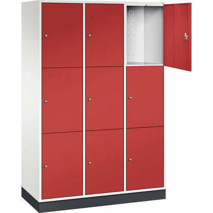 Intro 3-fold compartment locker, 3 compartments, pure white / flame red, WxD 1220 x 500 mm.