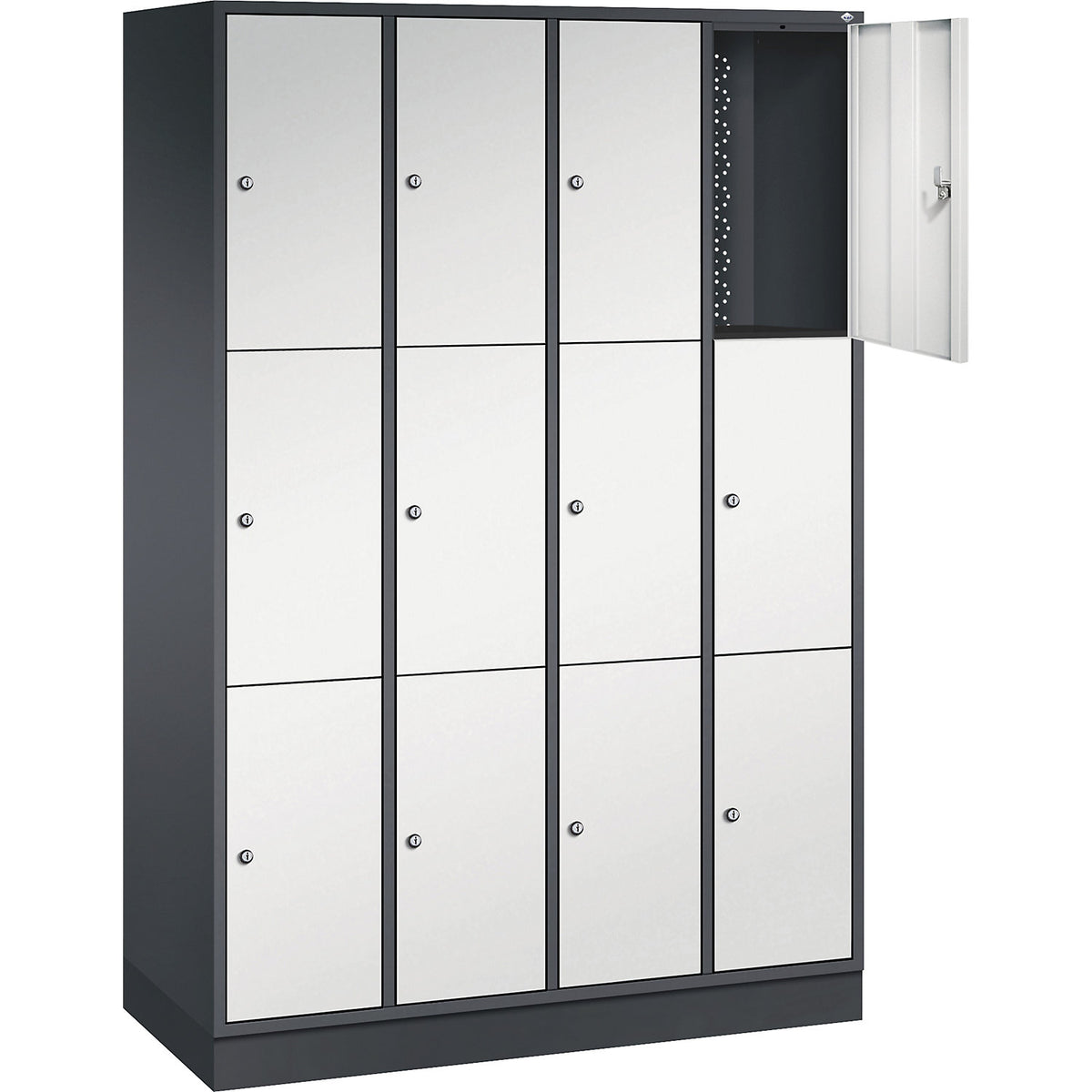 Intro 3-fold compartment locker, 4 compartments, black grey / light grey, WxD 1220 x 500 mm.