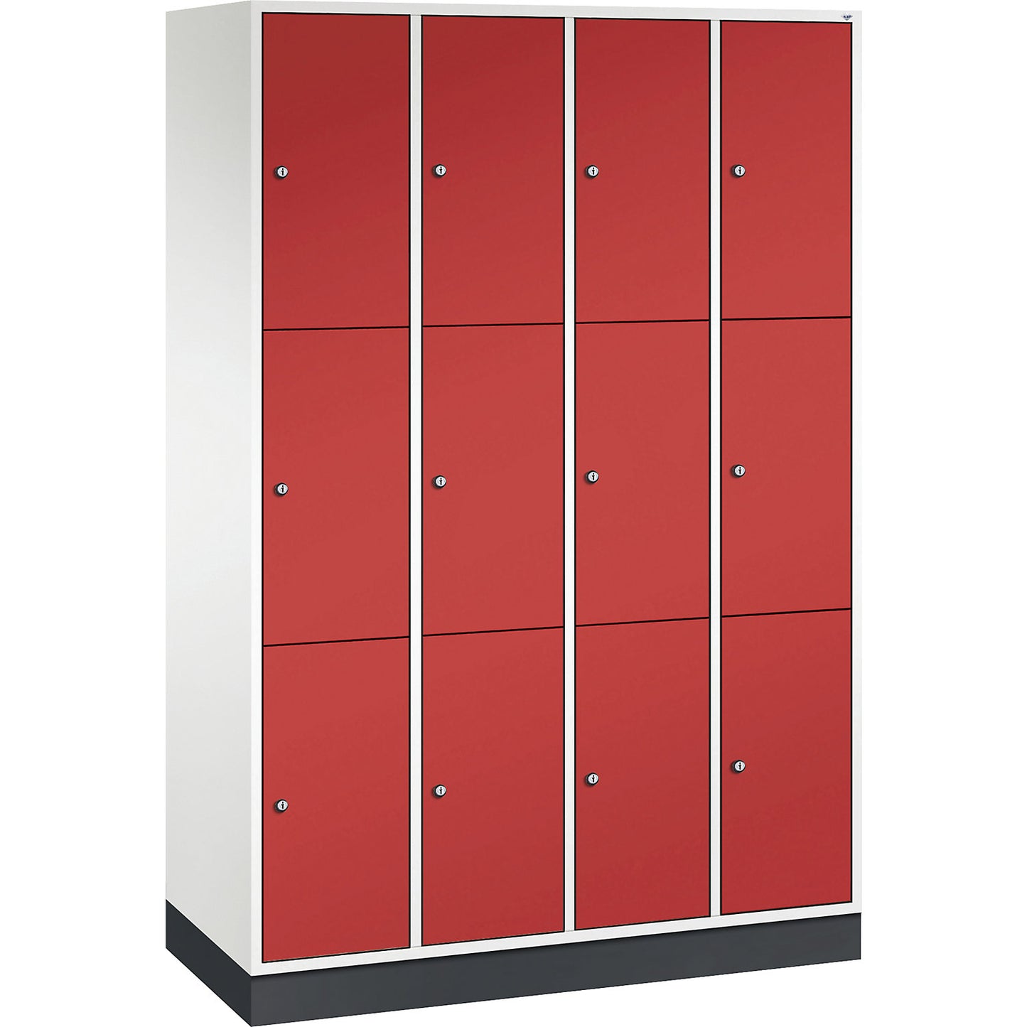Intro 3-fold compartment locker, 4 compartments, pure white / flame red, WxD 1220 x 500 mm.