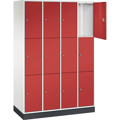 Intro 3-fold compartment locker, 4 compartments, pure white / flame red, WxD 1220 x 500 mm.