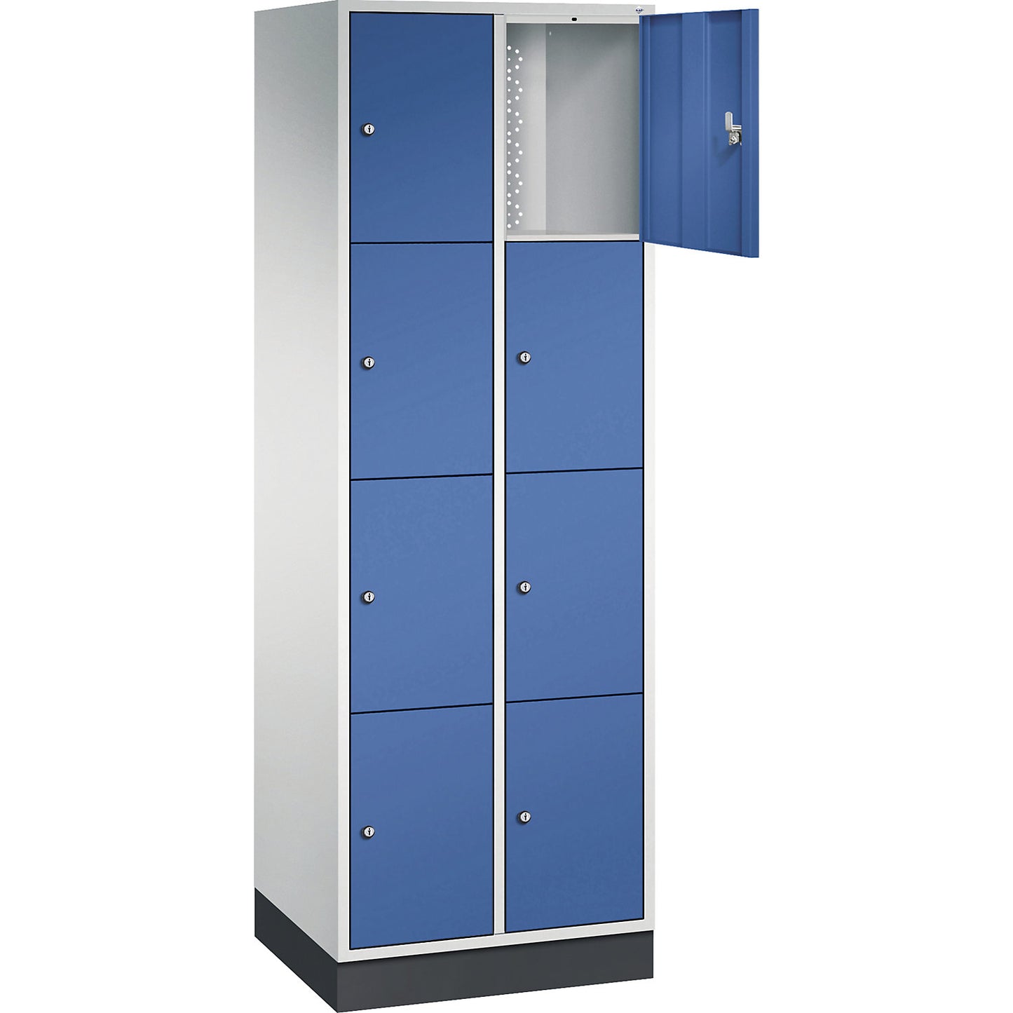 Intro 4-fold compartment locker, 2 compartments, light grey / gentian blue, WxD 620 x 500 mm.