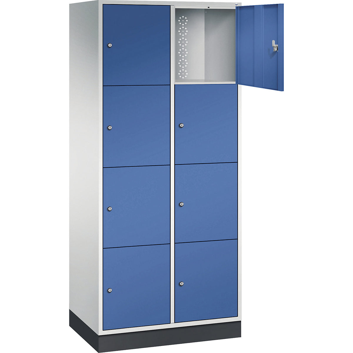 Intro 4-fold compartment locker, 2 compartments, light grey / gentian blue, WxD 820 x 500 mm.