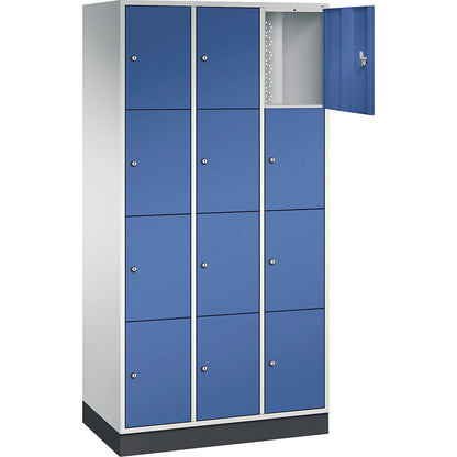 Intro 4-fold compartment locker, 3 compartments, light grey / gentian blue, WxD 920 x 500 mm.