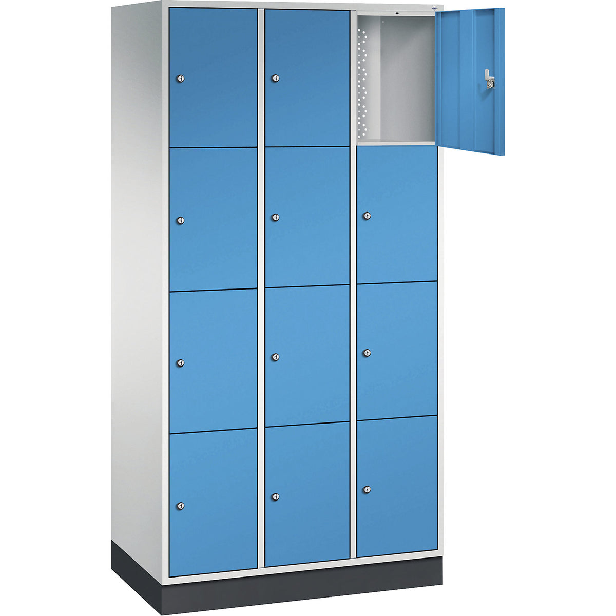 Intro 4-fold compartment locker, 3 compartments, light grey / light blue, WxD 920 x 500 mm.
