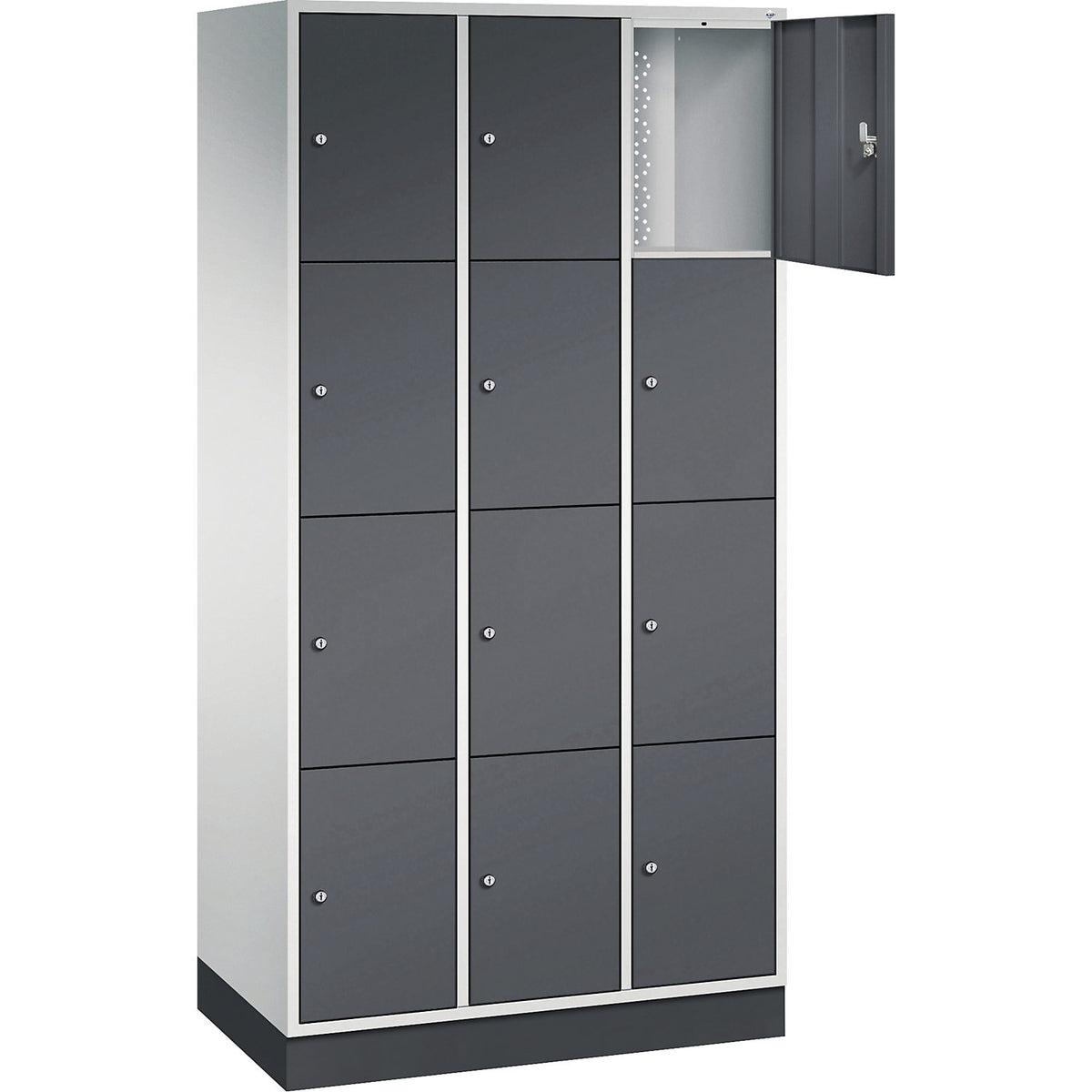 Intro 4-fold compartment locker, 3 compartments, light grey / black grey, WxD 920 x 500 mm.