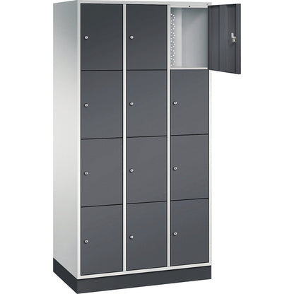 Intro 4-fold compartment locker, 3 compartments, light grey / black grey, WxD 920 x 500 mm.