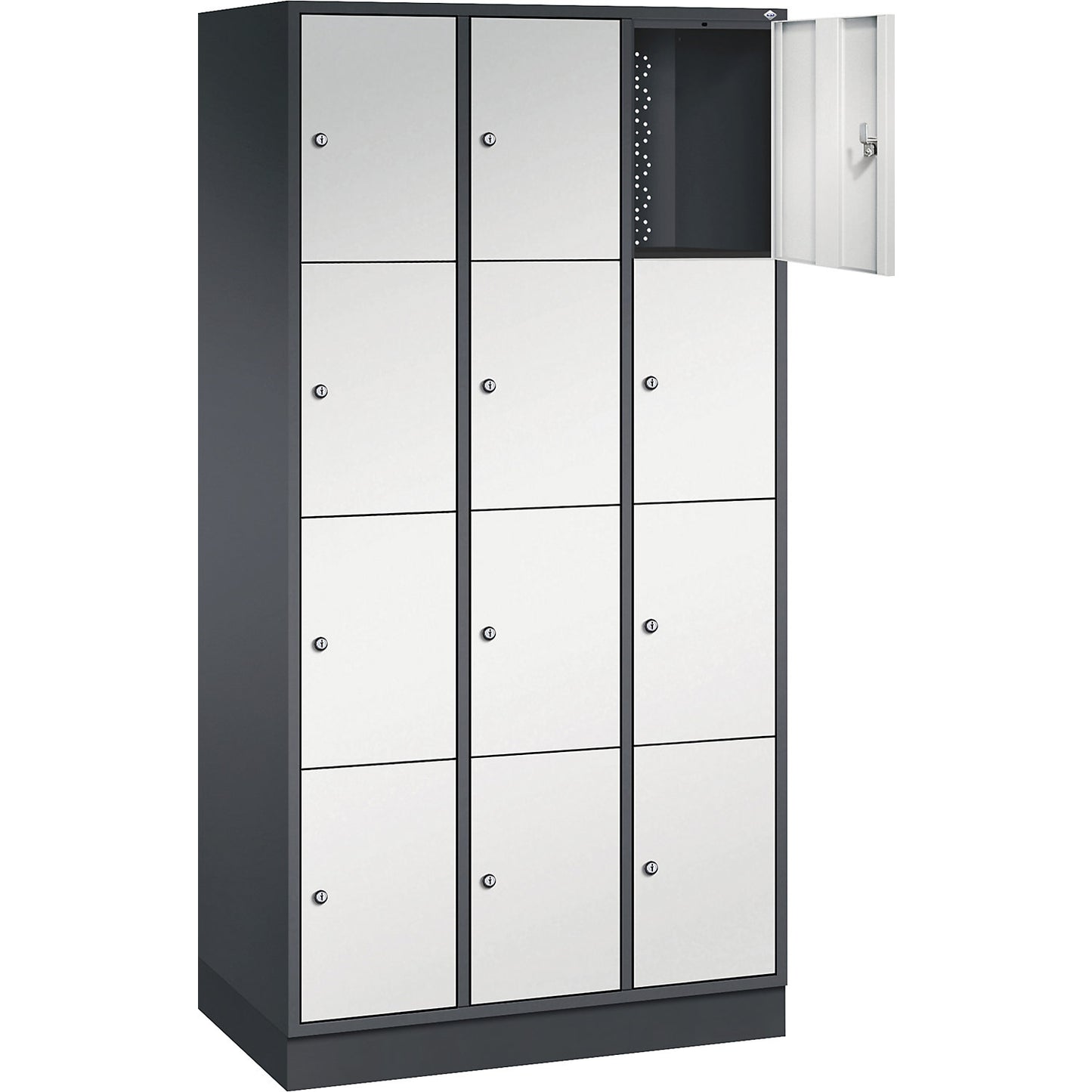 Intro 4-fold compartment locker, 3 compartments, black grey / light grey, WxD 920 x 500 mm.