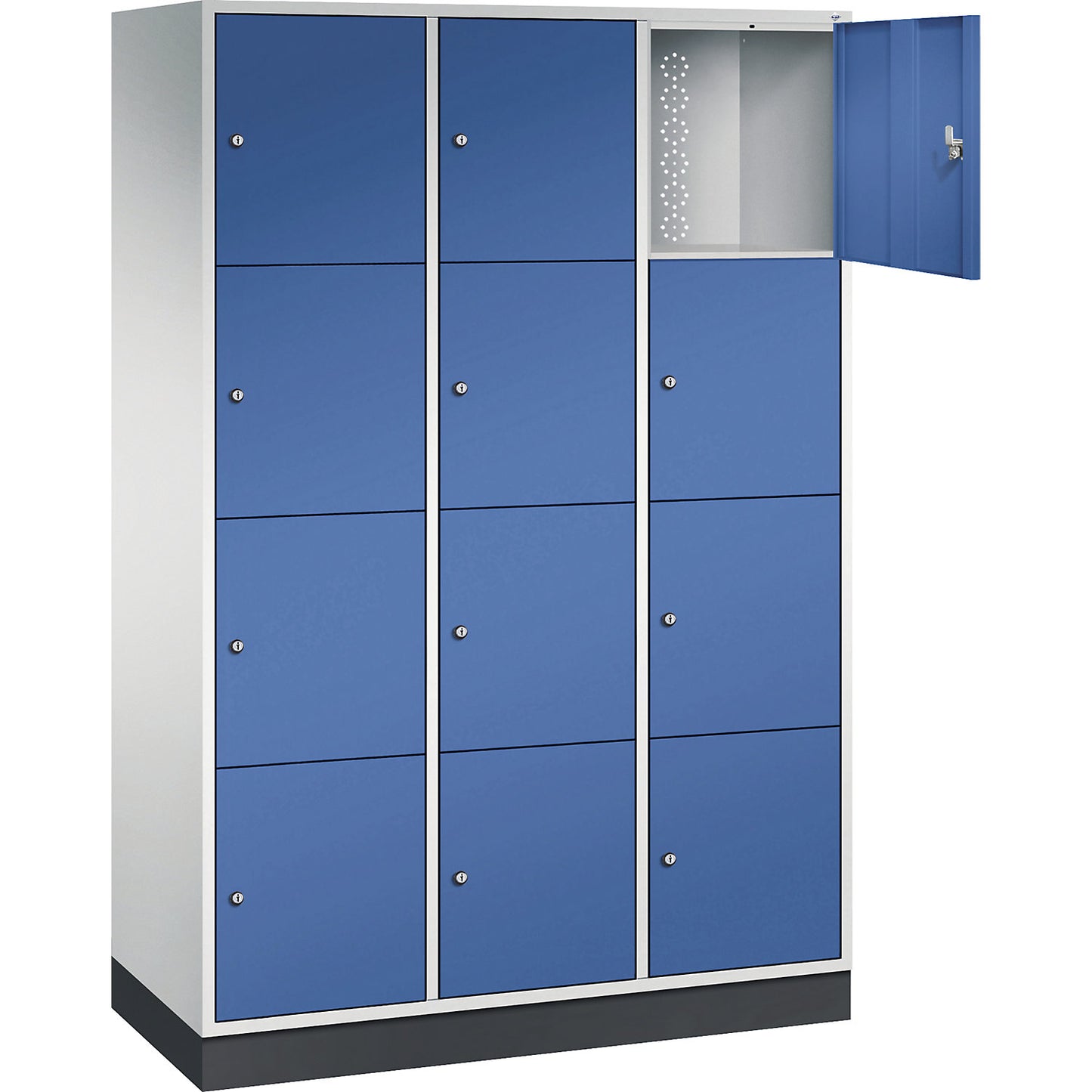 Intro 4-fold compartment locker, 3 compartments, light grey / gentian blue, WxD 1220 x 500 mm.
