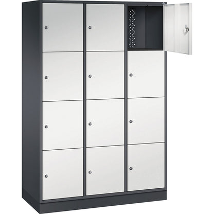 Intro 4-fold compartment locker, 3 compartments, black grey / light grey, WxD 1220 x 500 mm.