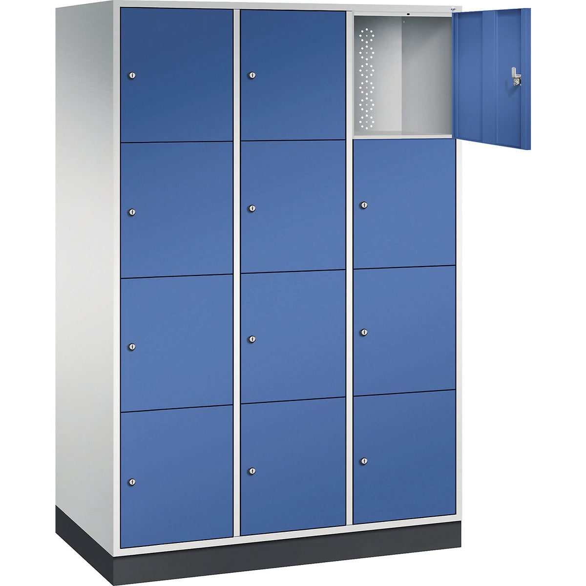 Intro 4-fold compartment locker, 3 compartments, light grey / gentian blue, WxD 1220 x 600 mm.