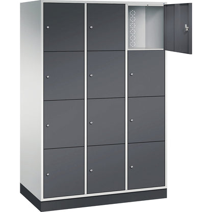 Intro 4-fold compartment locker, 3 compartments, light grey / black grey, WxD 1220 x 600 mm.