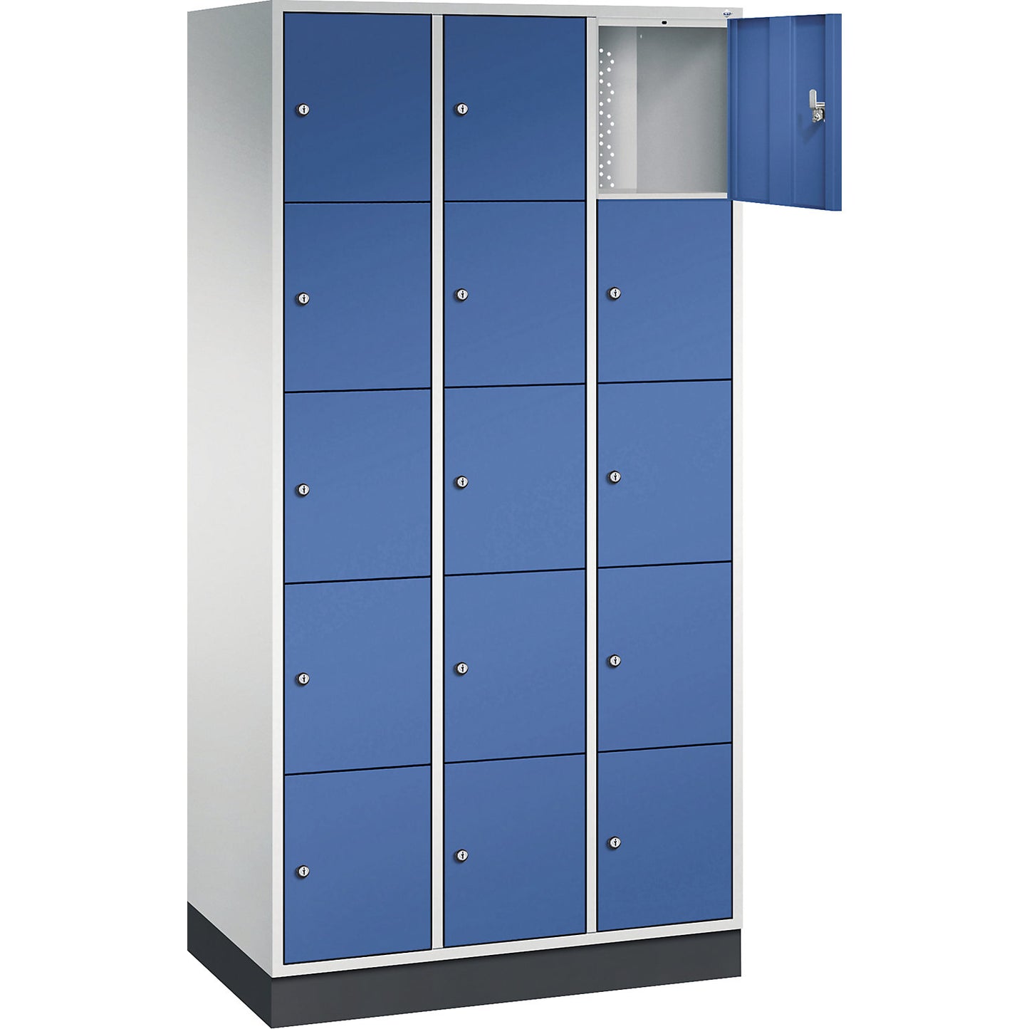 Intro 5-fold compartment locker, 3 compartments, light grey / gentian blue, WxD 920 x 500 mm.