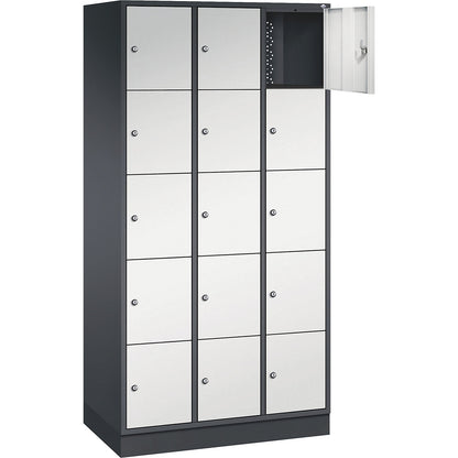 Intro 5-fold compartment locker, 3 compartments, black grey / light grey, WxD 920 x 500 mm.