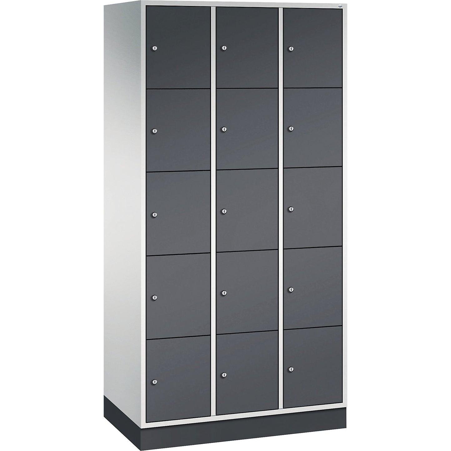 Intro 5-fold compartment locker, 3 compartments, light grey / black grey, WxD 920 x 500 mm.
