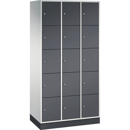 Intro 5-fold compartment locker, 3 compartments, light grey / black grey, WxD 920 x 500 mm.