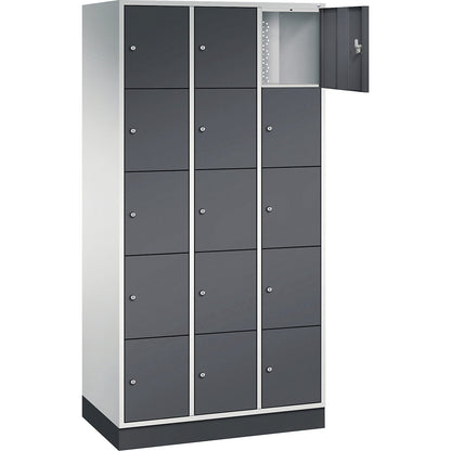Intro 5-fold compartment locker, 3 compartments, light grey / black grey, WxD 920 x 500 mm.