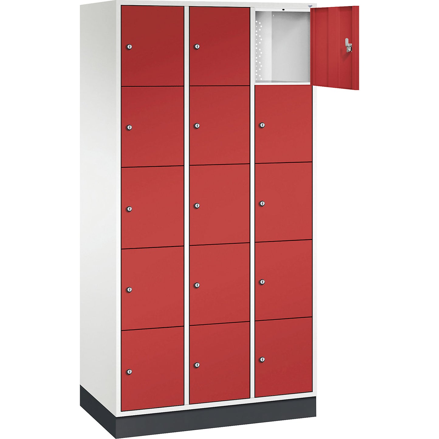 Intro 5-fold compartment locker, 3 compartments, pure white / flame red, WxD 920 x 500 mm.