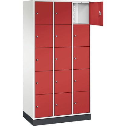 Intro 5-fold compartment locker, 3 compartments, pure white / flame red, WxD 920 x 500 mm.