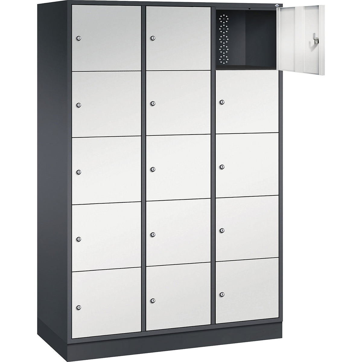 Intro 5-fold compartment locker, 3 compartments, black grey / light grey, WxD 1220 x 500 mm.