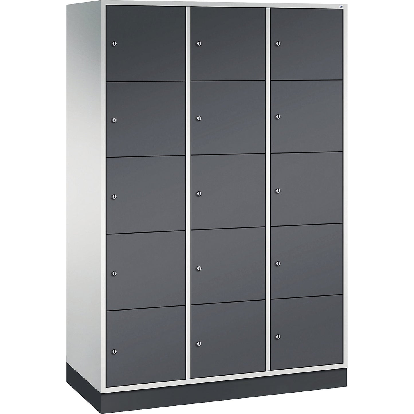 Intro 5-fold compartment locker, 3 compartments, light grey / black grey, WxD 1220 x 500 mm.