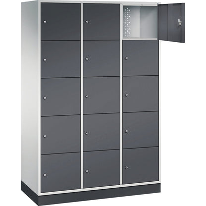 Intro 5-fold compartment locker, 3 compartments, light grey / black grey, WxD 1220 x 500 mm.