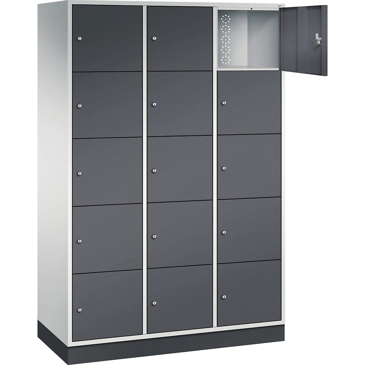 Intro 5-fold compartment locker, 3 compartments, light grey / black grey, WxD 1220 x 500 mm.