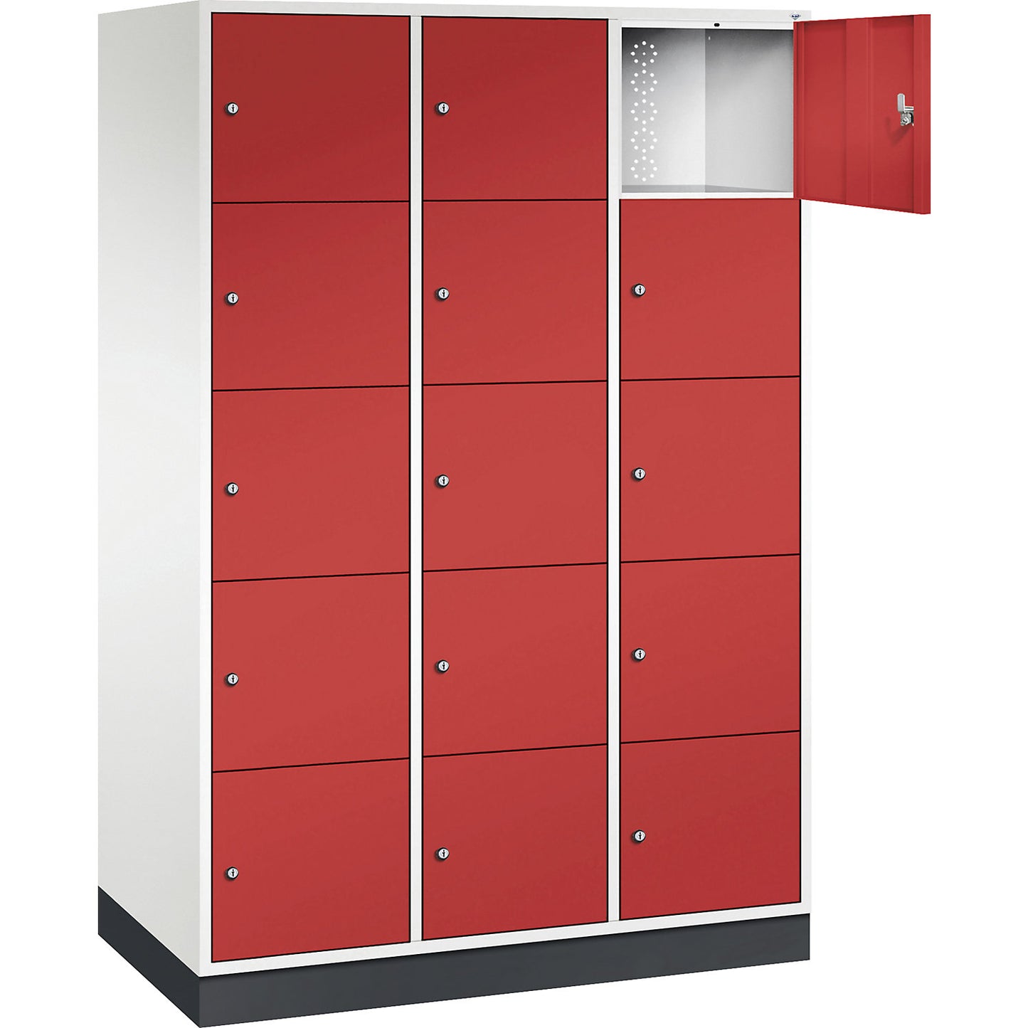 Intro 5-fold compartment locker, 3 compartments, pure white / flame red, WxD 1220 x 600 mm.