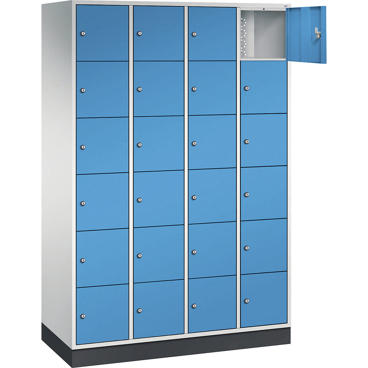 Intro 6-fold compartment locker, 4 compartments, light grey body, light blue doors.