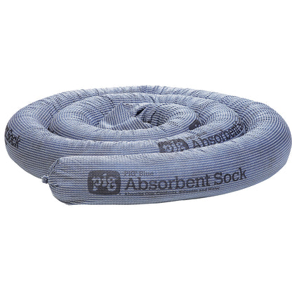 BLUE universal absorbent sheeting sock, length 3000 mm, Ø 80 mm, pack of 8, absorbs 56 l/pack.